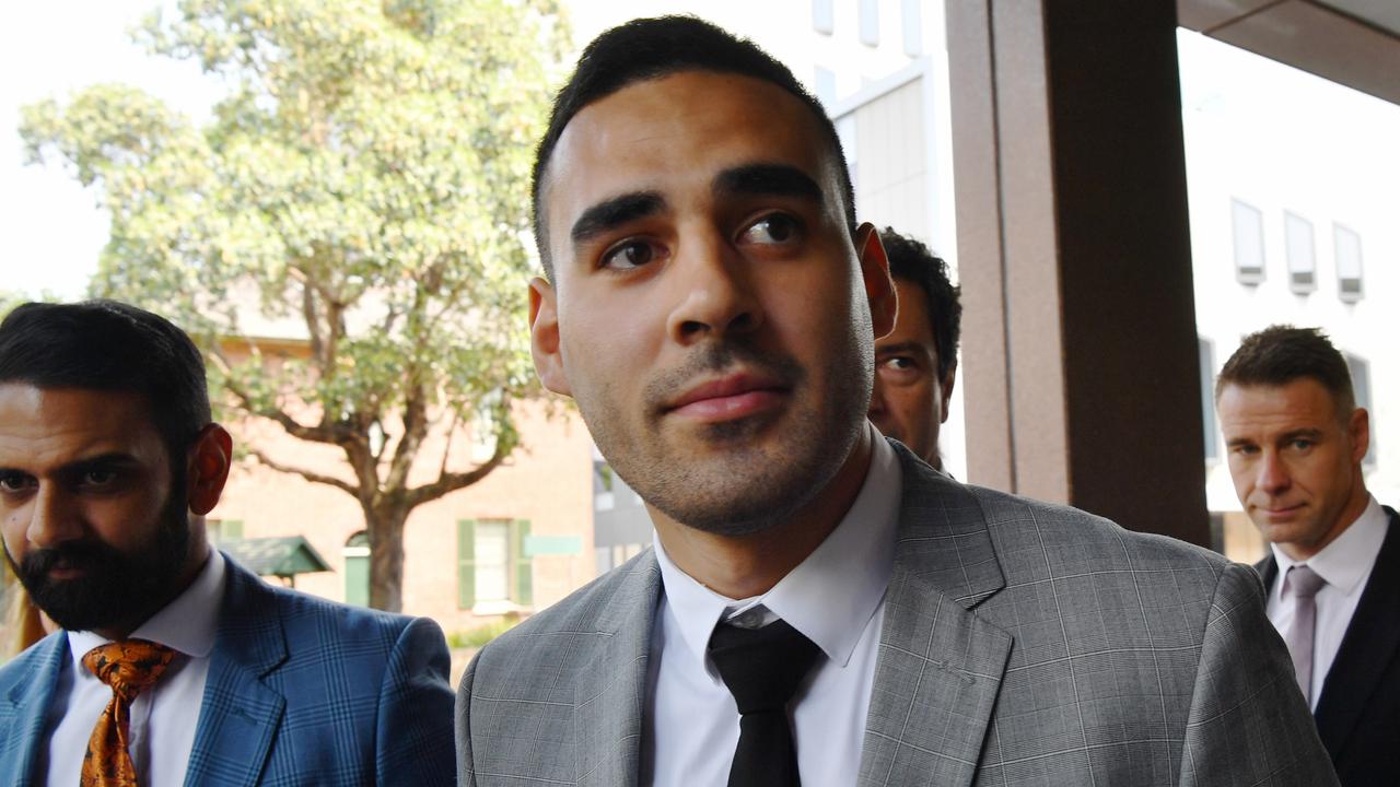 NRL player Tyrone May leaves Parramatta Local Court in Sydney, Friday, November 22, 2019. Photo: AAP Image/Dean Lewins.