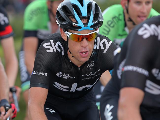 KRUTH, FRANCE - JULY 14: Richie Porte (C) of Australia and Team Sky follows teammate Vasil Kiryienka (R) of Belarus and Team Sky on the climb of the Col d'Oderen during stage ten of the 2014 Le Tour de France from Mulhouse to La Planche des Belles Filles on July 14, 2014 in Kruth, France. (Photo by Doug Pensinger/Getty Images)