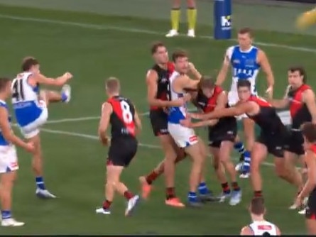 Jacob Konstanty kicks the ball out of mid air. Picture: Fox Footy
