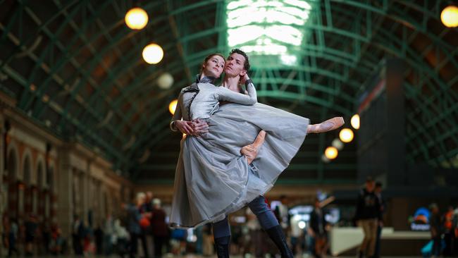 Imogen Chapman and Kevin Jackson of The Australian Ballet dressed in costumes from the ballet Anna Karenina, at Sydney’s Central Station. Picture: Justin Lloyd