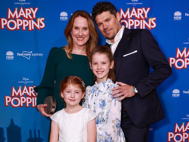 Verity Hunt-Ballard, husband Scott Johnson and daughters Gypsy and Emmy-Lou at the Mary Poppins opening night at Sydney Lyric Theatre in 2022. Picture: Justin Lloyd