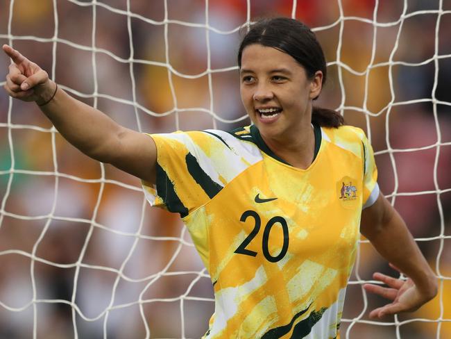 NEWCASTLE, AUSTRALIA - MARCH 06: Sam Kerr of the Australian Matildas celebrates a goal during the Women's Olympic Football Tournament Play-Off match between the Australian Matildas and Vietnam at McDonald Jones Stadium on March 06, 2020 in Newcastle, Australia. (Photo by Tony Feder/Getty Images)