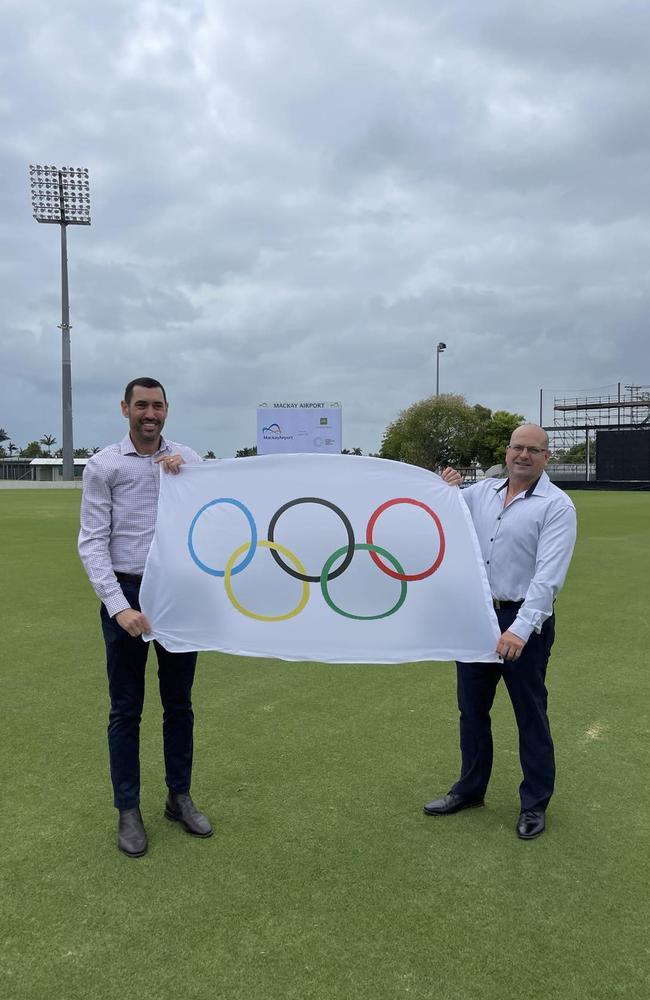 Harrup Park CEO Adrian Young (left) and Mackay Airport head of operations Adrian Miles (right) have partnered in hopes to bring the Olympics to Mackay. Picture: Supplied.