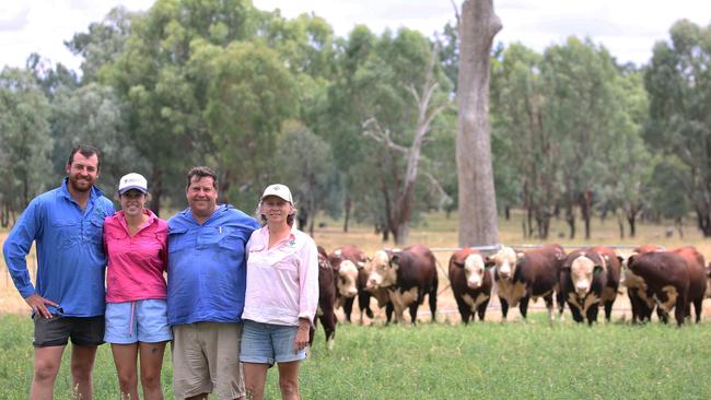Wirruna Herefords stud principals Ian and Diney Locke, right, with daughter Annabel and son-in-law Jack Hanna, left, on-property with their Hereford herd.
