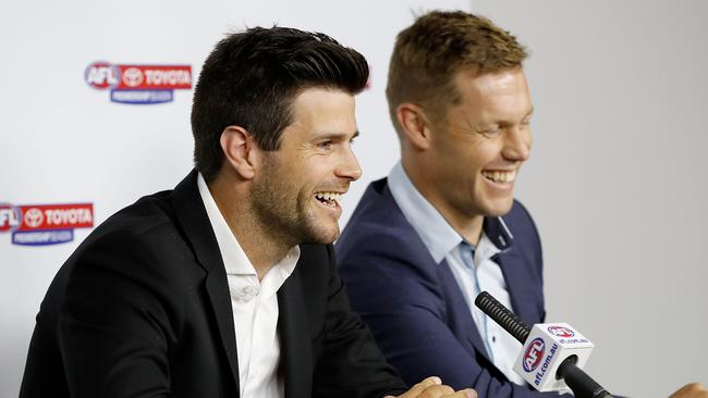 MELBOURNE, AUSTRALIA - NOVEMBER 17: Trent Cotchin of the Tigers and Sam Mitchell of the Eagles address the media during a joint press conference after being awarded the 2012 Brownlow Medal at AFL House on November 17, 2016 in Melbourne, Australia. (Photo by Adam Trafford/AFL Media/Getty Images)