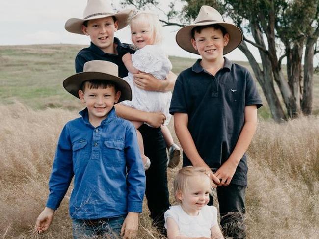 Edwards kids Grace and Mable, both 1, Benji, 6, Jack, 10, and Henry 12 are excited to move to the country. Picture: Supplied