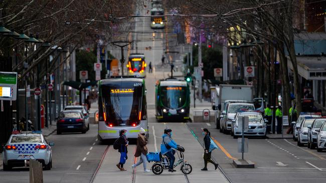 Melbourne peak hour under the COVID-19 stage four lockdown. Picture: Mark Stewart