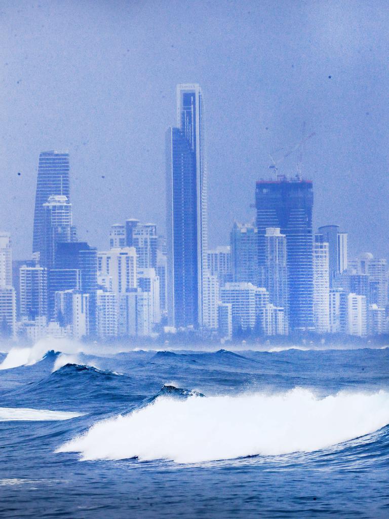 The Gold Coast City skyline turns grey as wet weather descended over the Gold Coast. Photo: Scott PowickNEWSCORP