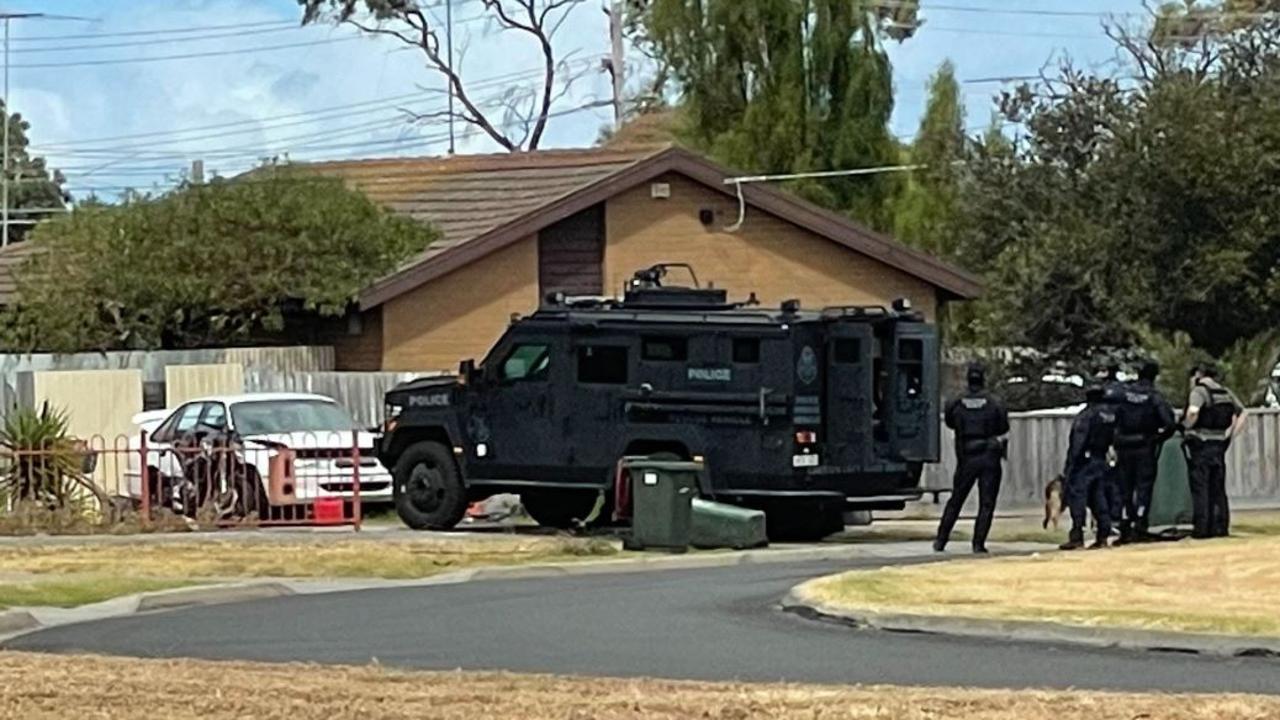 Special ops police escorted a woman from a house in Corio after a siege on Sunday. Picture: NCA NewsWire / Chelsea Bunting.