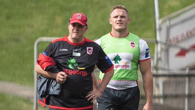 George Burgess (R) with Dragons coach Anthony Griffin. Picture: Julian Andrews