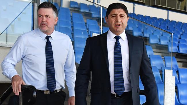 Bulldogs chairman Ray Dib with coach Dean Pay. (AAP Image/Mick Tsikas)