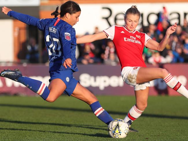 Sam Kerr unleashes a shot for Chelsea in a recent win over Arsenal