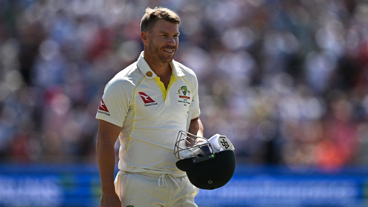 Australia's David Warner walks from the field after falling victim to Stuart Broad for a 17th time. Picture: AFP