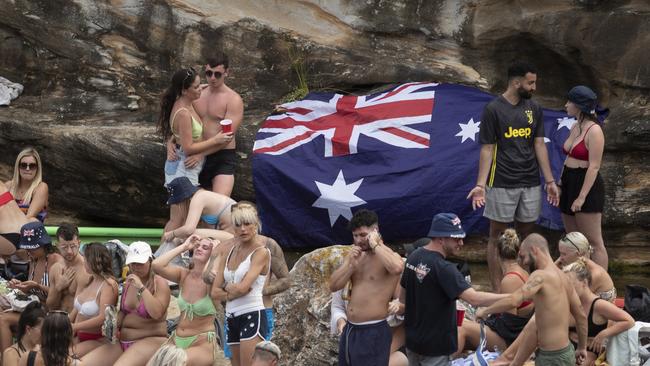 A large crowd gathers in Gordons Bay in Sydney’s east January 26, 202.