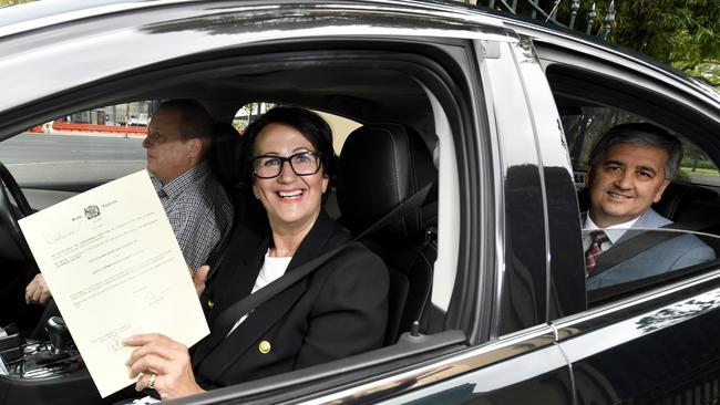 SA Deputy Liberal Leader Vickie Chapman and Treasurer Rob Lucas leave Government House after being officially sworn in. Picture: AAP/Sam Wundke