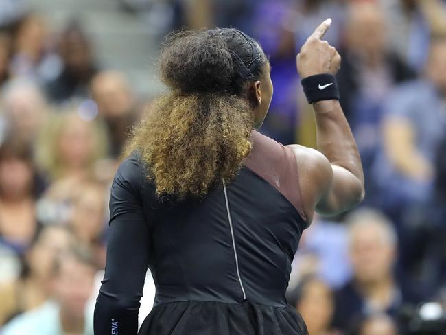 Serena Williams gestures angrily with umpire Carlos Ramos. Picture: Getty