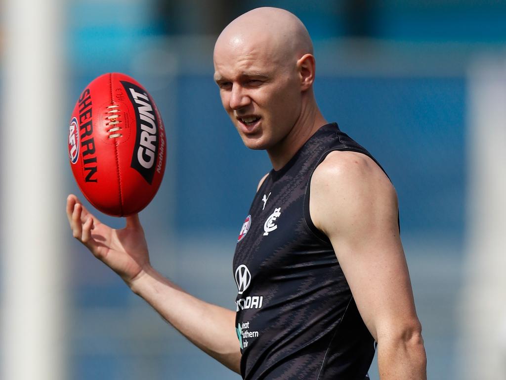 MELBOURNE, AUSTRALIA - DECEMBER 06: Sam Docherty of the Blues looks on during the Carlton Blues training session at Ikon Park on December 06, 2021 in Melbourne, Australia. (Photo by Michael Willson/AFL Photos via Getty Images)