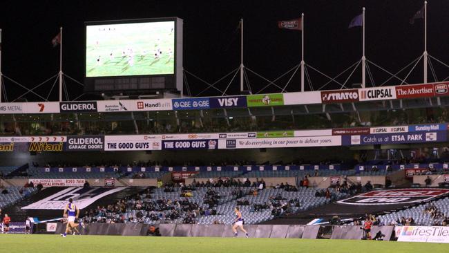 The infamous Port Adelaide tarps at Football Park. Picture: Ray Titus