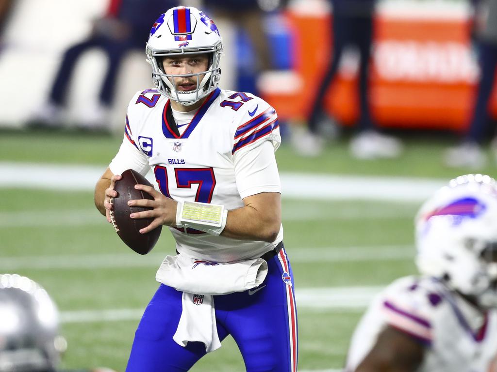 In windy conditions, Buffalo Bills quarterback Josh Allen tried 30 passes, with mixed success. Picture: Getty Images