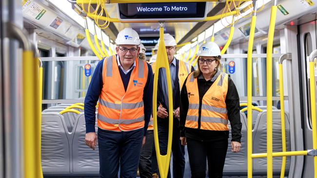 Daniel Andrews and his likely successor Jacinta Allan inspect a new train at ANZAC Station, Metro Tunnel, back in July. Picture: NCA NewsWire / David Geraghty