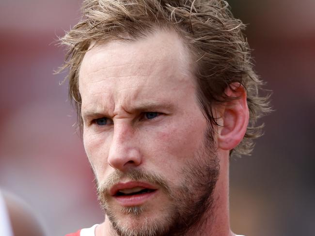 MELBOURNE, AUSTRALIA - MARCH 03: Jimmy Webster of the Saints looks on at the quarter time break during the 2024 AFL AAMI Community Series match between the St Kilda Saints and North Melbourne Kangaroos at RSEA Park on March 03, 2024 in Melbourne, Australia. (Photo by Dylan Burns/AFL Photos via Getty Images)