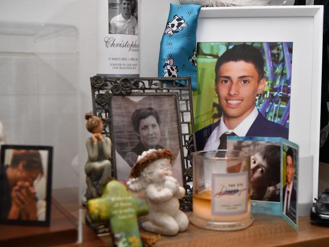 A tribute to Christopher Cassaniti at the family home in Castle Hill in Sydney, Wednesday, December 11, 2019. Apprentice Christopher Cassaniti was crushed to death after 15-metre high scaffolding collapsed on him and a co-worker at a construction site in Macquarie Park in April. (AAP Image/Joel Carrett)