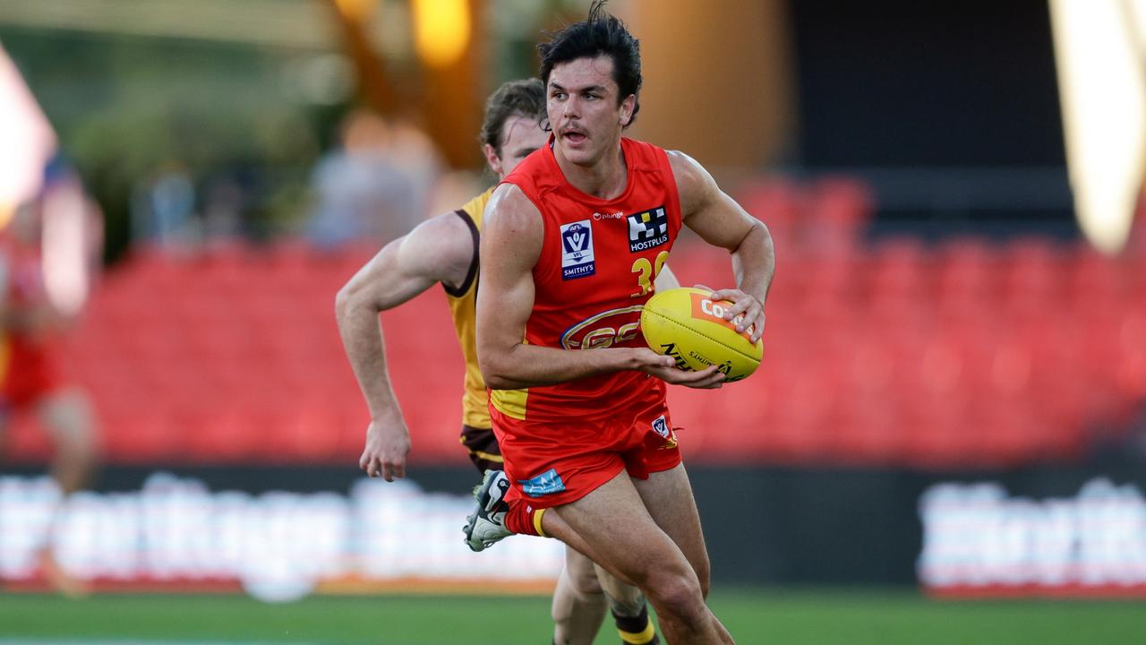 GOLD COAST, AUSTRALIA - SEPTEMBER 16: Elijah Hollands of the Suns in action during the 2023 VFL Preliminary Final match between the Gold Coast SUNS and The Box Hill Hawks at Heritage Bank Stadium on September 16, 2023 in Gold Coast, Australia. (Photo by Russell Freeman/AFL Photos via Getty Images)