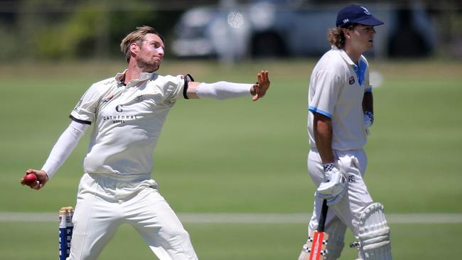 Uni’s Will Bosisto bowls against Sturt in round six earlier this month. Picture: Dean Martin