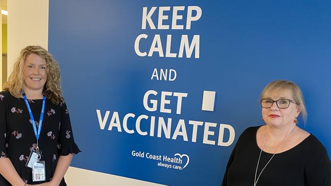 Rachael Raleigh (left) Advanced pharmacist and Gold Coast Health's executive director of integrated and Ambulatory Care Services Paula Duffy ahead of the vaccine rollout at the Gold Coast University Hospital vaccination centre