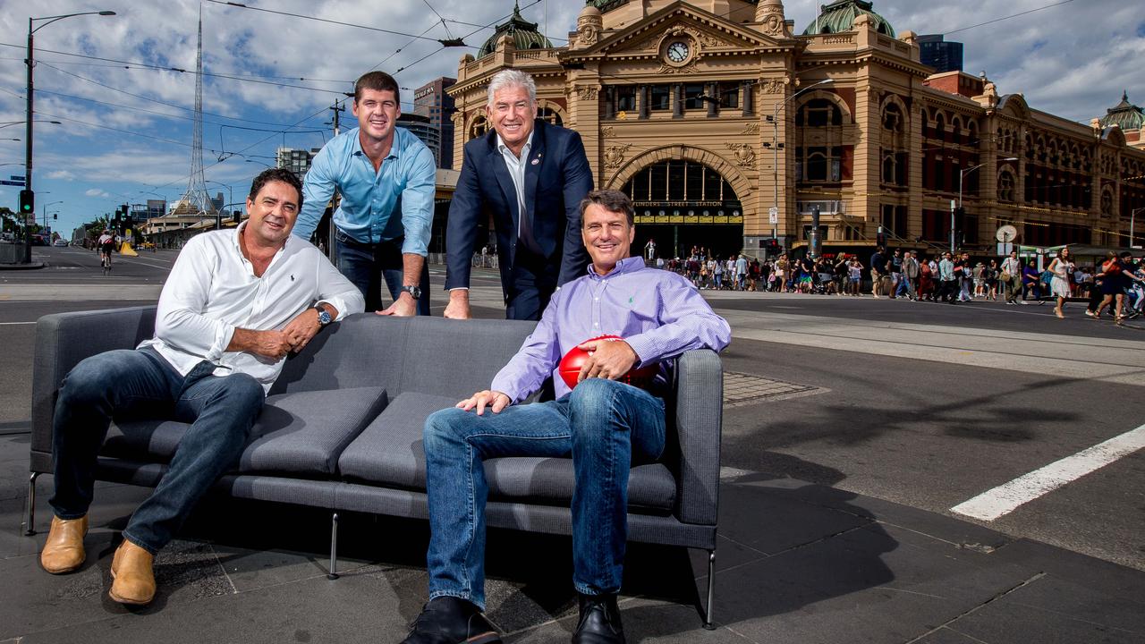 Paul Roos - pictured with fellow On The Couch stars Jonathan Brown, Garry Lyon and Gerard Healy - is stepping away from Fox Footy commitments. Picture: Tim Carrafa