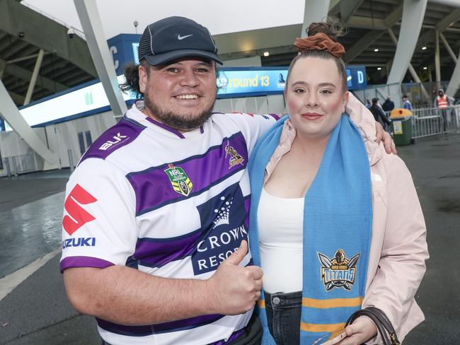 Ricky Collier and Tia Windelburn before the Titans V The Melbourne Storm at CBUS Stadium. Picture: Glenn Campbell