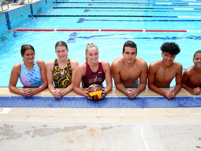 Australian Youth Water Polo Championships Pre picture shoot - Olivia Muir, Tilly Hughes, Abbey Andrews (Australian water polo player), Ryan Medic, Taoso Taoso and Oliver Moncur. Fortitude Valley Wednesday 29th March 2022 Picture David Clark