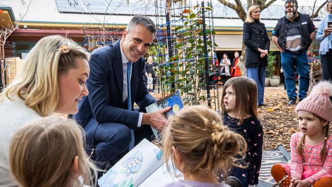 Premier Peter Malinauskas announces a significant state budget spending boost for early childhood education at Gowrie Preschool in Thebarton. Picture: Tom Huntley