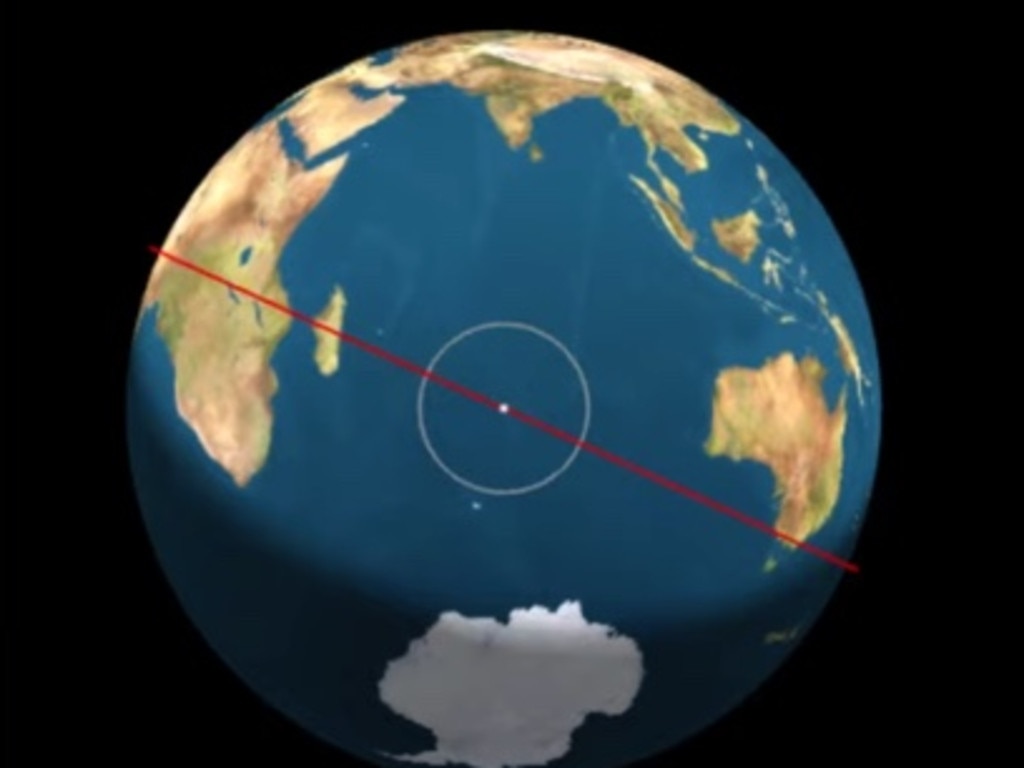 The estimated location of a massive piece of space junk at approximately 4.11pm on Saturday afternoon. Picture: YouTube