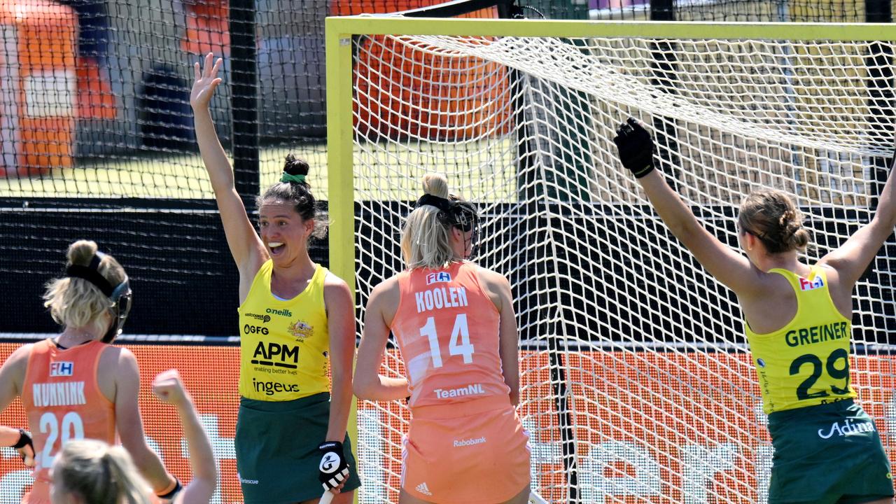 Brooke Peris celebrates after scoring for the Hockeyroos. Picture: WORLDSPORTPICS