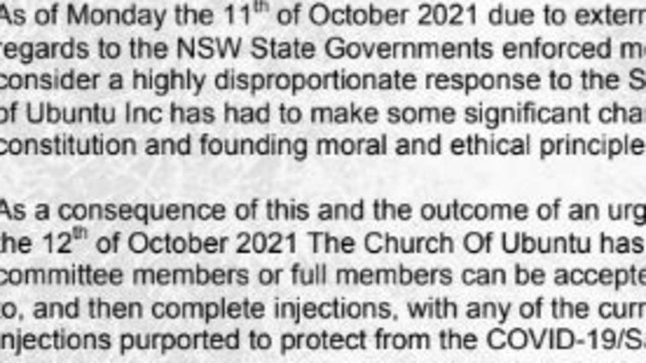 A letter from the Church of Ubuntu discusses the firing of a worker because she was vaccinated.