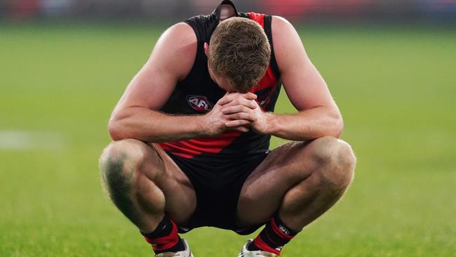 Essendon’s Jacob Townsend looks dejected after his shot on goal in the dying seconds against Calrton fell short last week. Picture: AAP