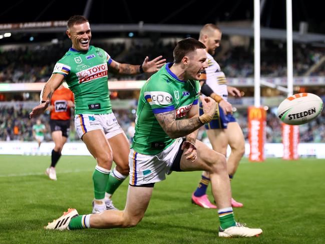 CANBERRA, AUSTRALIA - APRIL 07: James Schiller of the Raiders celebrates scoring a try during the round five NRL match between Canberra Raiders and Parramatta Eels at GIO Stadium, on April 07, 2024, in Canberra, Australia. (Photo by Mark Nolan/Getty Images)