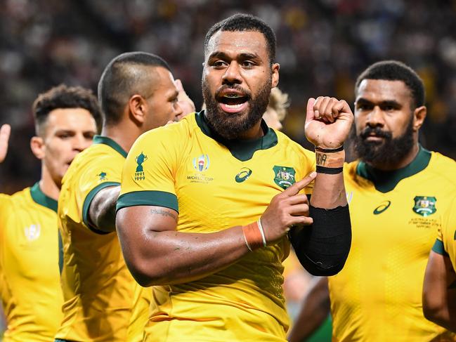 Wallabies centre Samu Kerevi celebrates scoring a try against his birth country.