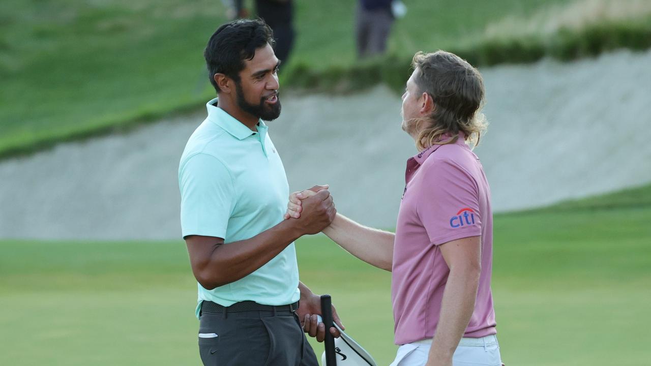 Tony Finau beat Cameron Smith in a playoff. Picture: Stacy Revere/Getty Images/AFP