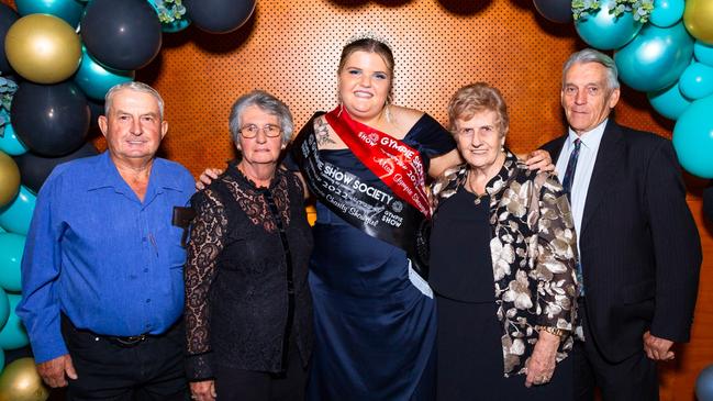 Gympie Showgirl and Charity Showgirl Bronte O‘Sullivan (middle) at the 2022 Gympie Show Ball. Photo: Contributed