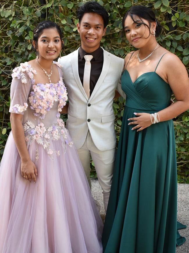 Pushti Shah, Dan Asuncion and Marjill Galvan at the Mackay State High School 2021 Year 12 formal, November 16, 2021. Photo: Tara Miko and Janessa Ekert