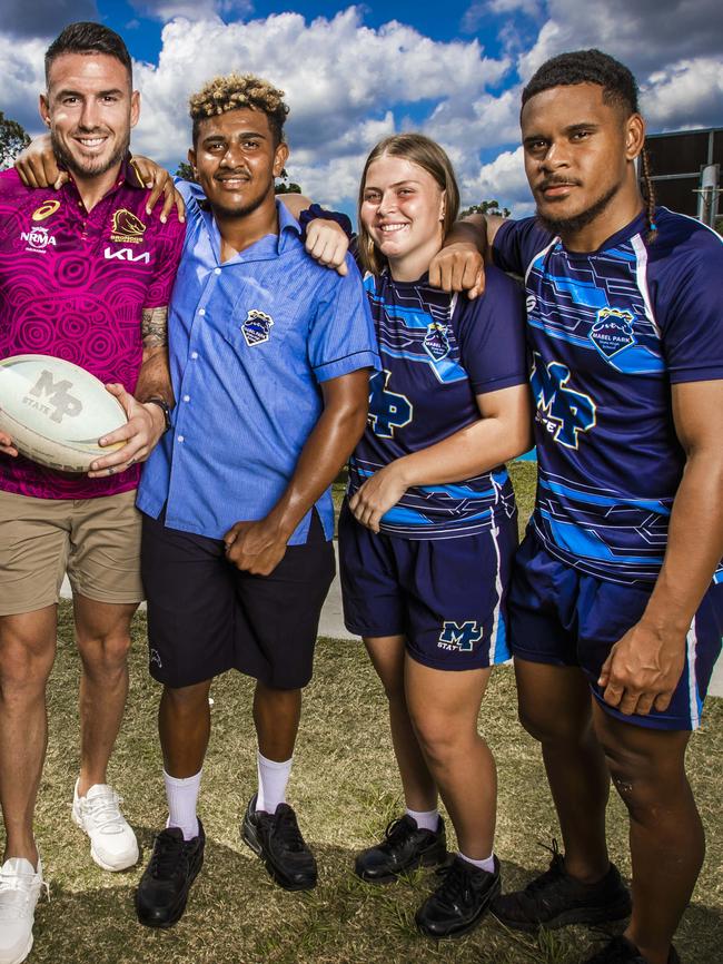 Michael Percy, Shaylee Joseph and Riccardo Marius with Broncos legend Darius Boyd. Picture: NIGEL HALLETT