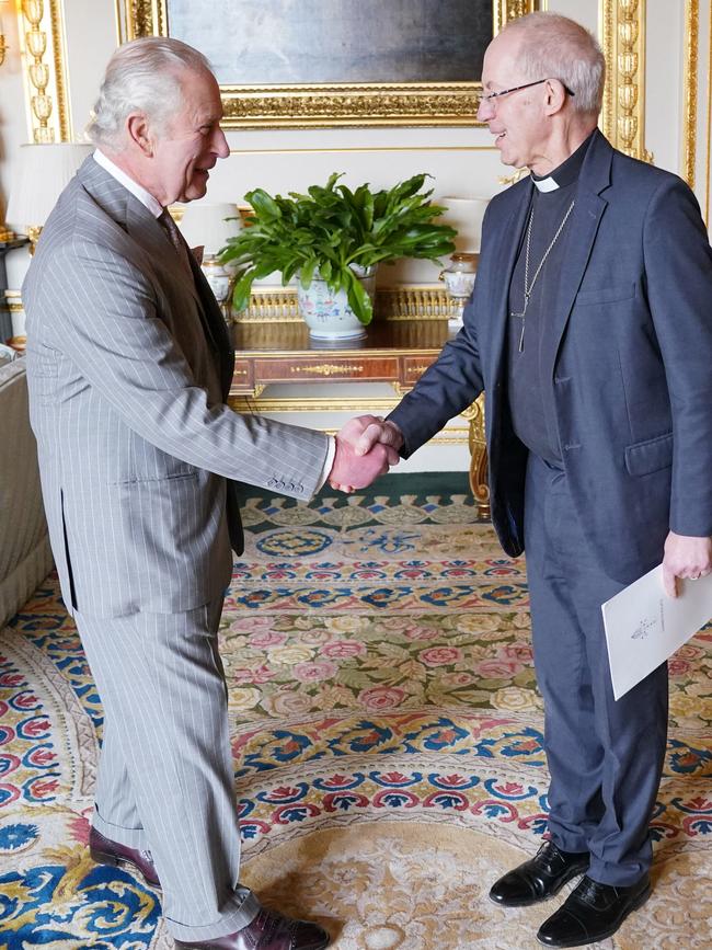 Britain's King Charles III receives the Archbishop of Canterbury Justin Welby in the White Drawing Room at Windsor Castle ahead of his coronation ceremony as King. Picture: AFP