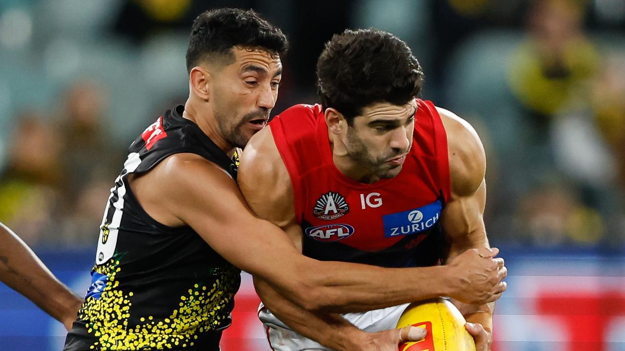 Christian Petracca was marked tightly by Richmond’s Marlion Pickett but still had 23 disposals and a goal in Melbourne’s win on Wednesday night. Picture: Dylan Burns / Getty Images