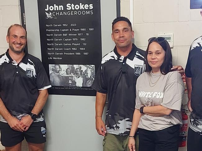 Palmerston Magpies club president Carmine Rauseo, Mathew Stokes, Amy Stokes and coach Mark Tyrrell at the newly named John Stokes changerooms.