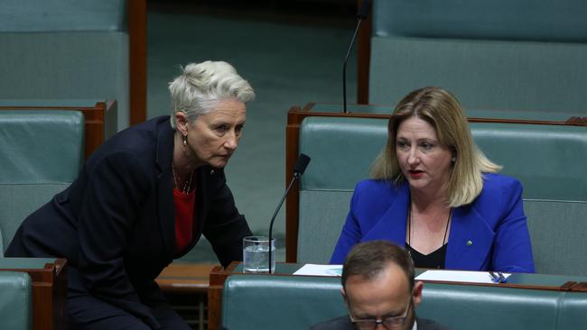 Kerryn Phelps and Rebekha Sharkie confer during Question Time yesterday. Picture: Gary Ramage