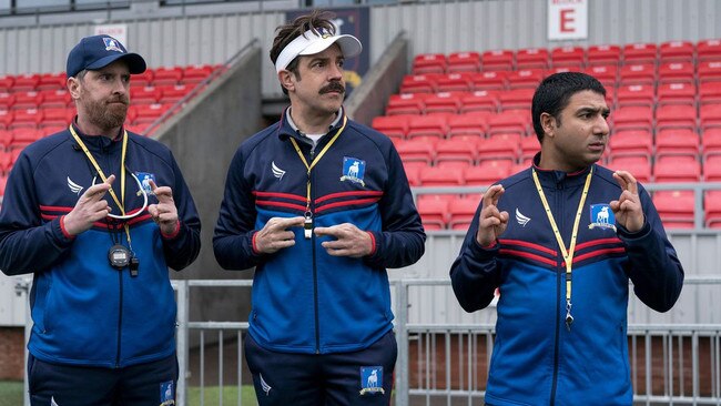 Brendan Hunt as Coach Beard, with Jason Sudeikis (centre) and Nick Mohammed who played Nate and was promoted as kit man to assistant coach.