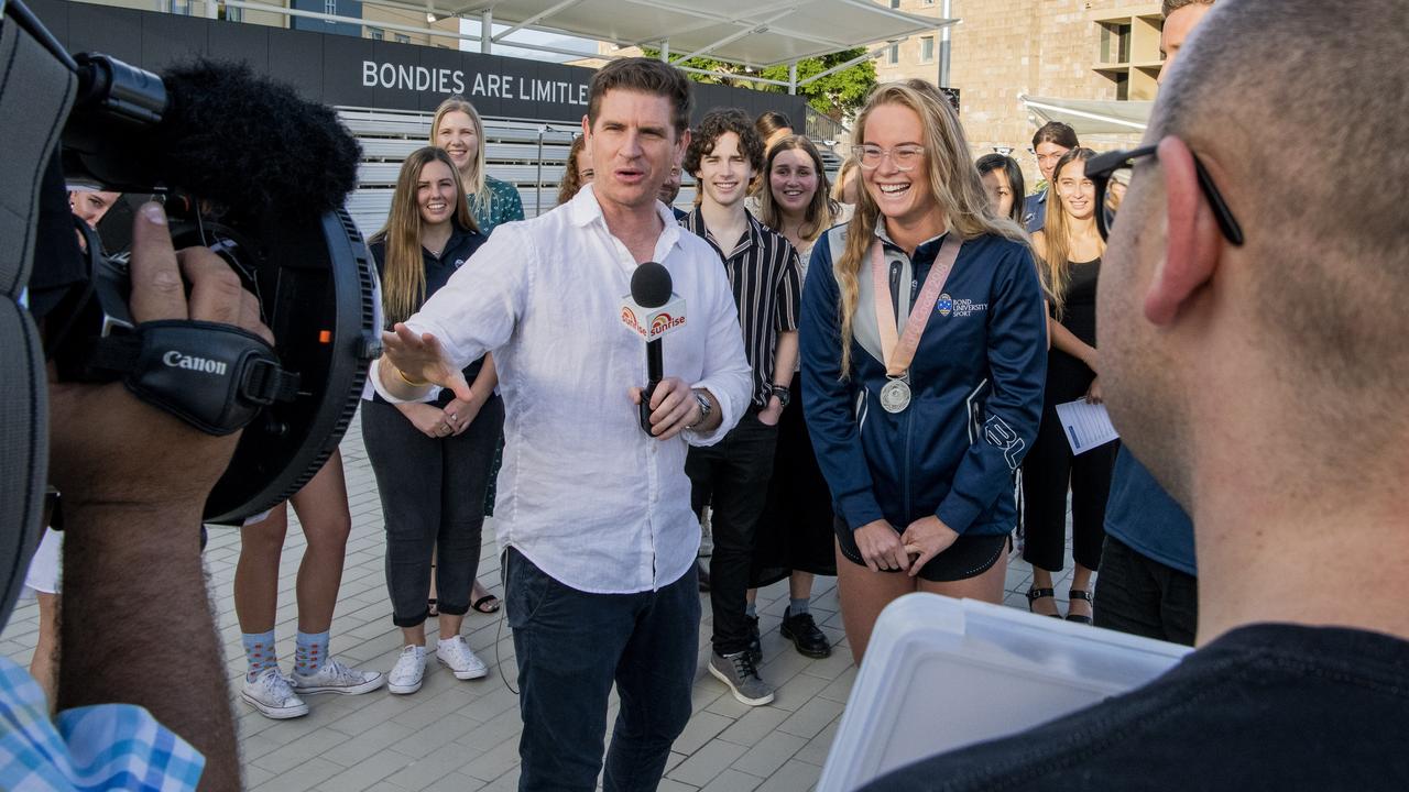 Sunrise weatherman Sam Mac with students at Bond University. Picture: Cavan Flynn/Bond University.