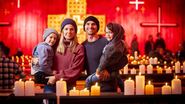 Kelly and Scott Morgan with their children Bailey 6, and Marley 4, from Warriewood NSW. Opening night of the Dark Mofo, Winter Feast. Picture: Richard Jupe